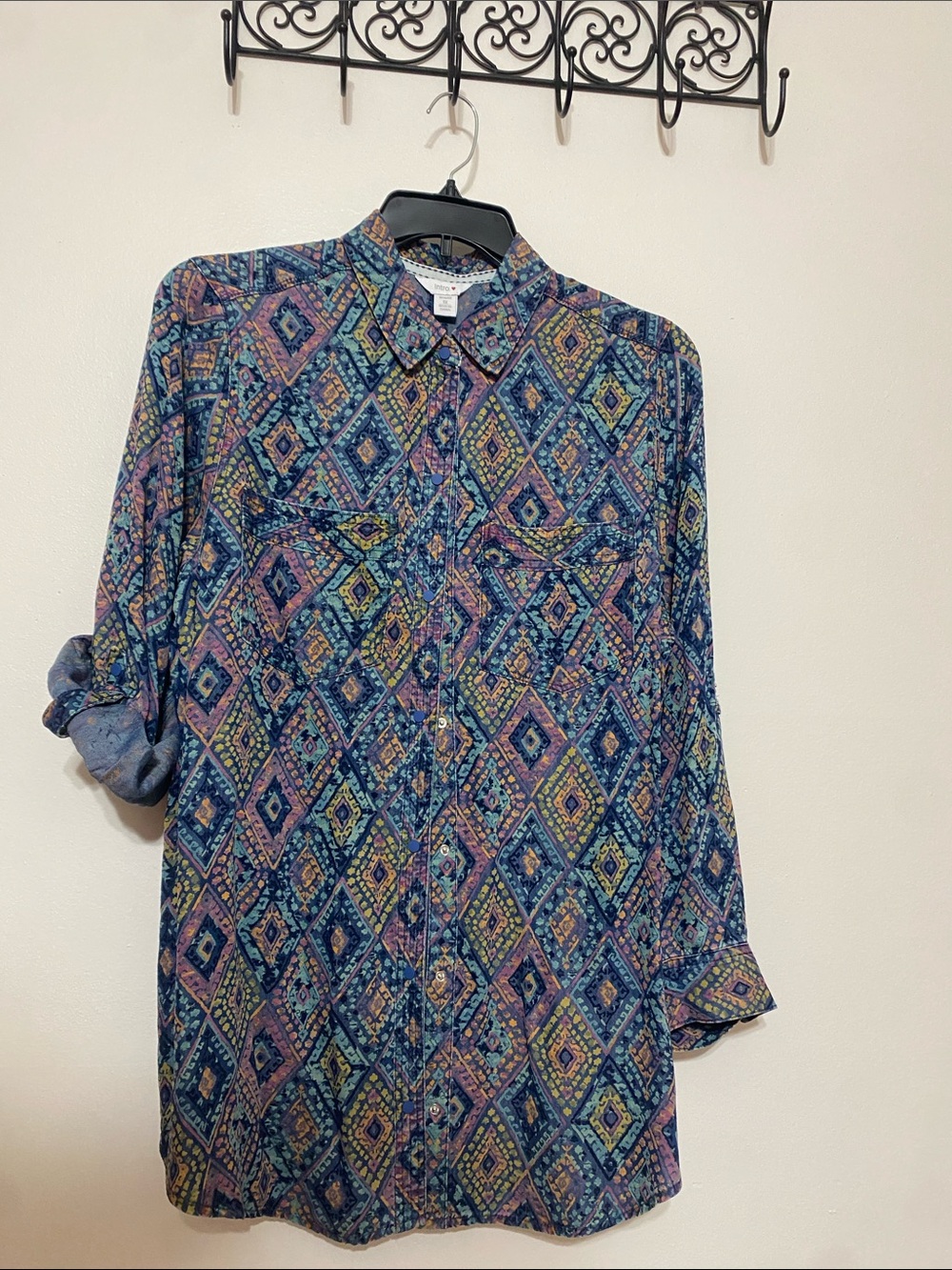 intro. Multicolor Blue Geometric Print Button-Down Shirt
